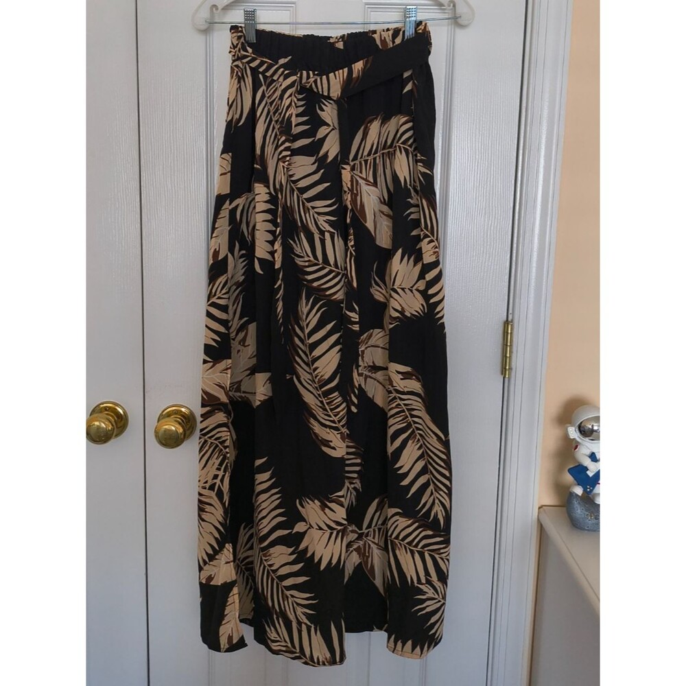 Women's S Black Leaf Print Wide Leg Palazzo Pants High Rise Tie Waist Split Hem